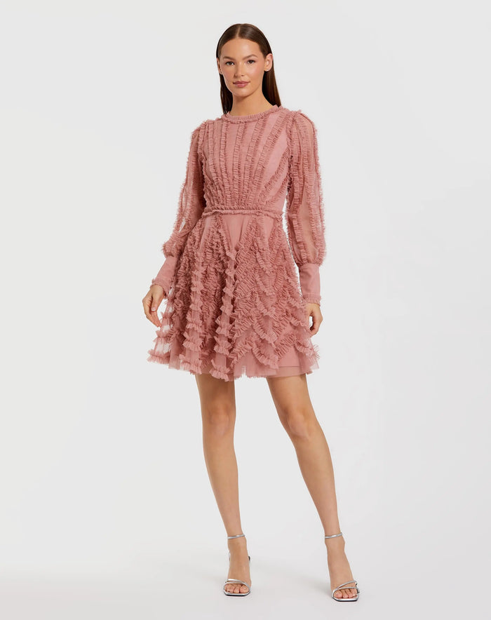 Pink Ruffle Lace Up Back Long Sleeve Mini Dress - Mac Duggal