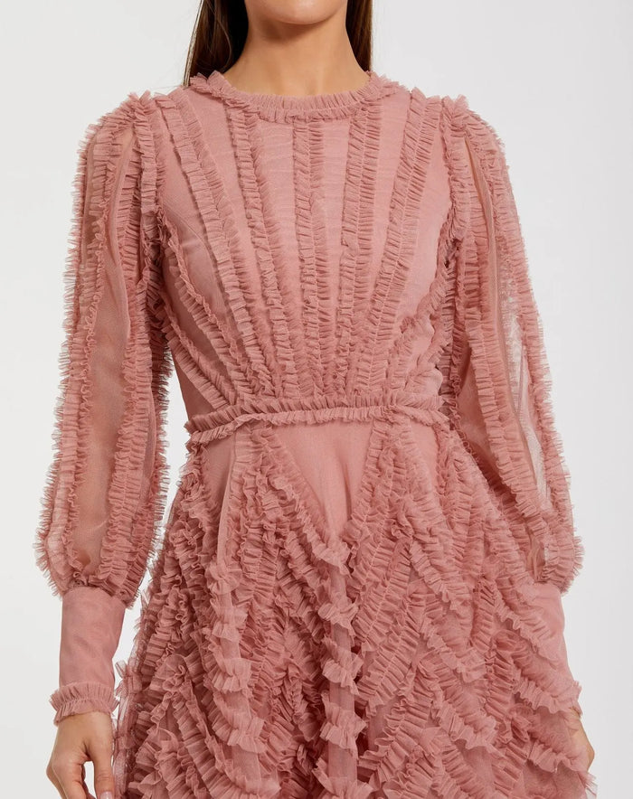 Pink Ruffle Lace Up Back Long Sleeve Mini Dress Mac Duggal