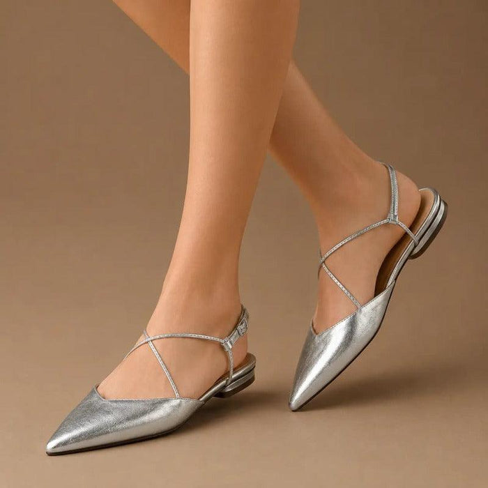 Pointed Toe Slingback Flats with Strappy Metallic Finish Shoes 1048732161565