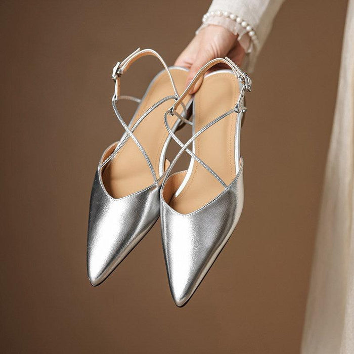 Pointed Toe Slingback Flats with Strappy Metallic Finish Shoes 1048732161565