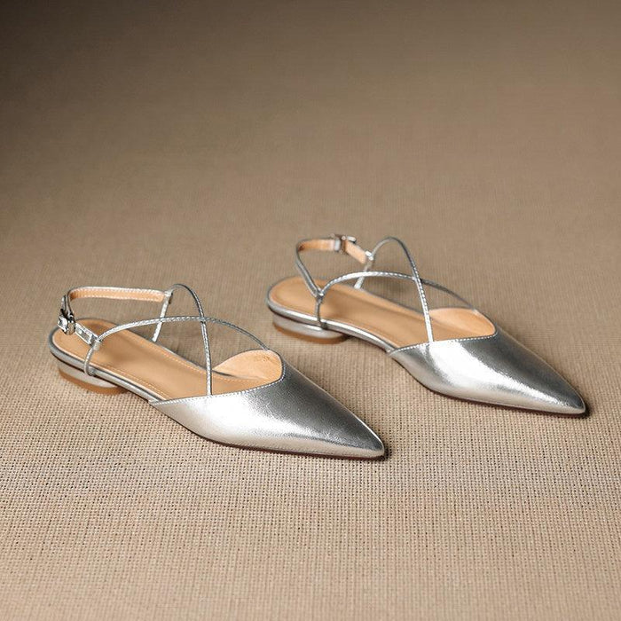 Pointed Toe Slingback Flats with Strappy Metallic Finish Shoes 1048732161565