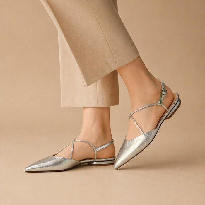Pointed Toe Slingback Flats with Strappy Metallic Finish Shoes 1048732161565