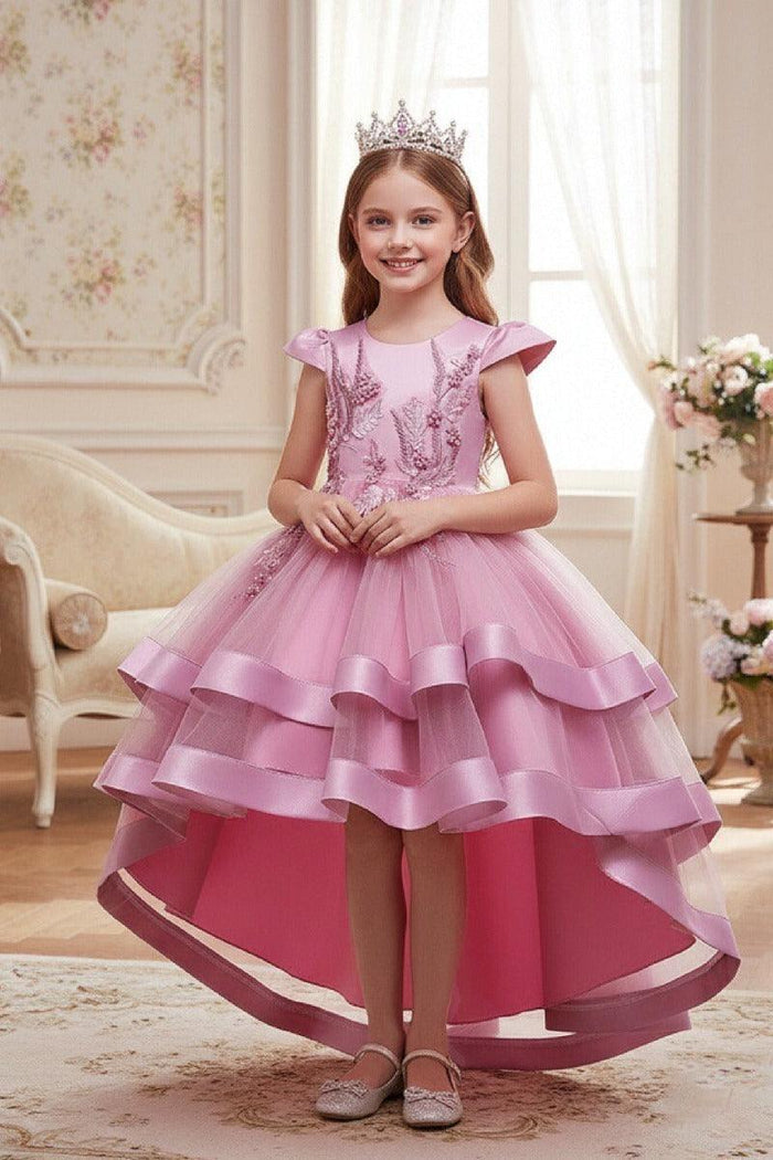 Princess Cap Sleeve High-Low Tulle Satin Ribbon Trim Flower Girl Dresses 1029094443108
