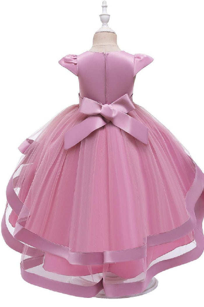 Princess Cap Sleeve High-Low Tulle Satin Ribbon Trim Flower Girl Dresses 1029094443108