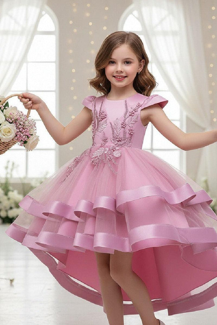 Princess Cap Sleeve High-Low Tulle Satin Ribbon Trim Flower Girl Dresses 1029094443108