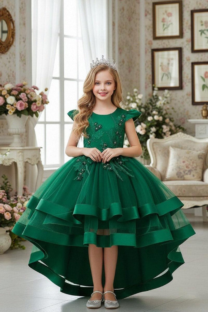 Princess Cap Sleeve High-Low Tulle Satin Ribbon Trim Flower Girl Dresses 1029094443108