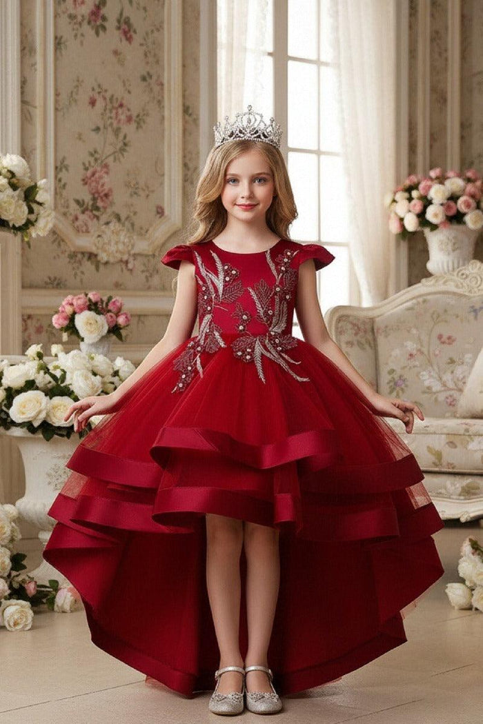 Princess Cap Sleeve High-Low Tulle Satin Ribbon Trim Flower Girl Dresses 1029094443108