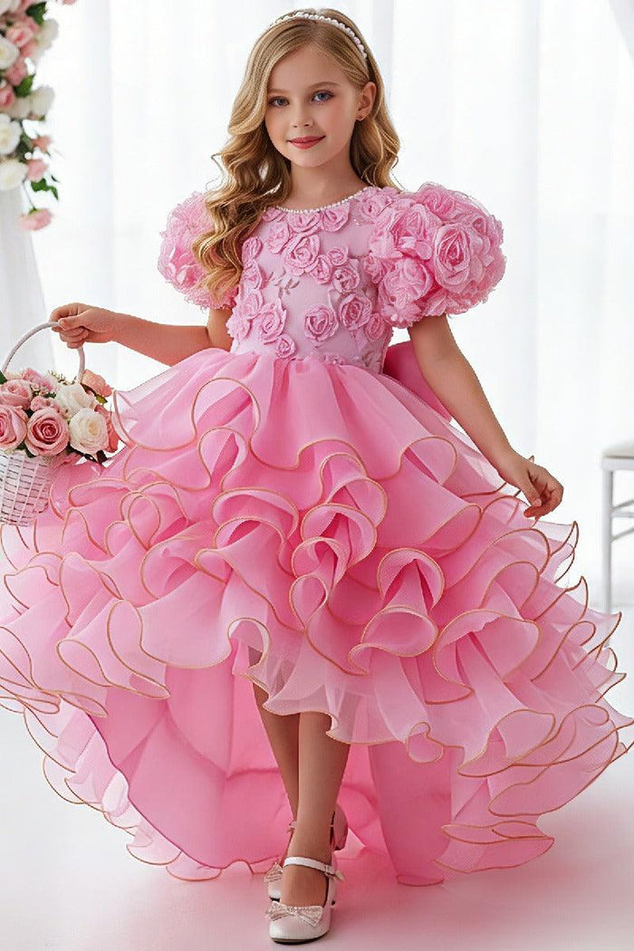Princess Pearl Short Puff Bubble Sleeve Ruffled Tulle Flower Girl Dresses 1030620832344