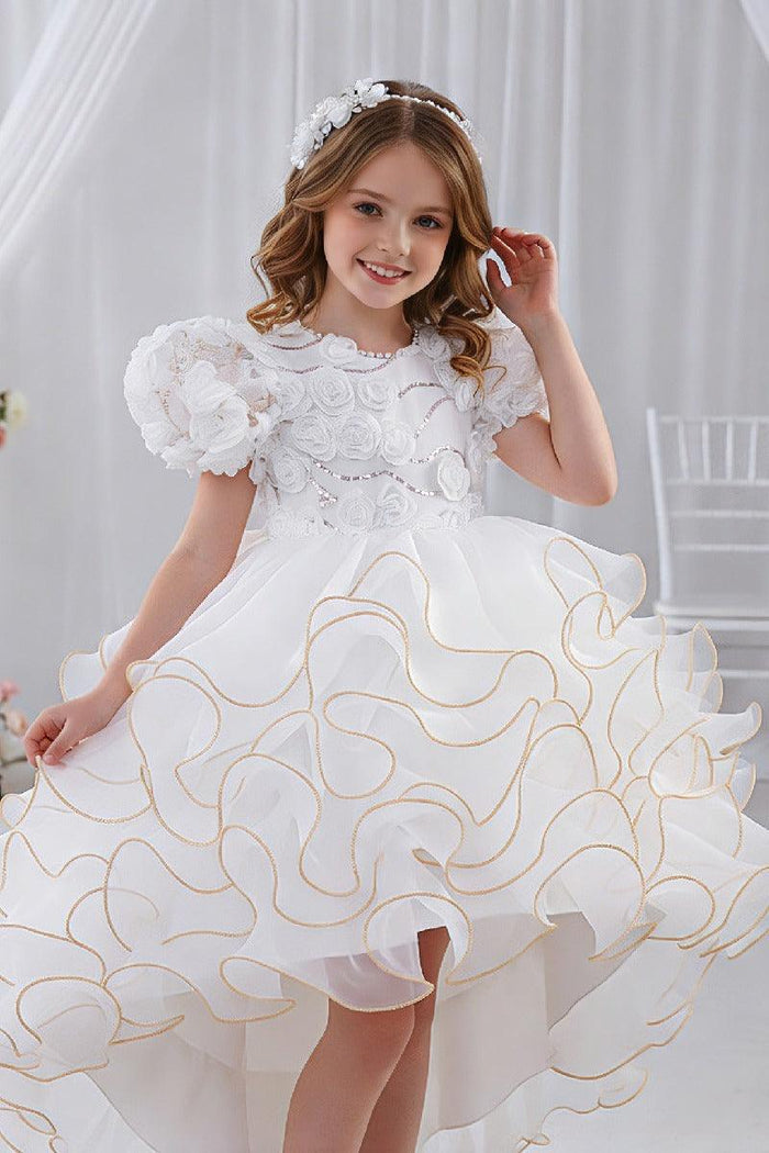 Princess Pearl Short Puff Bubble Sleeve Ruffled Tulle Flower Girl Dresses 1030620832344