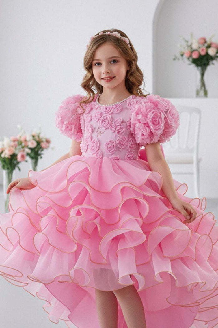 Princess Pearl Short Puff Bubble Sleeve Ruffled Tulle Flower Girl Dresses 1030620832344