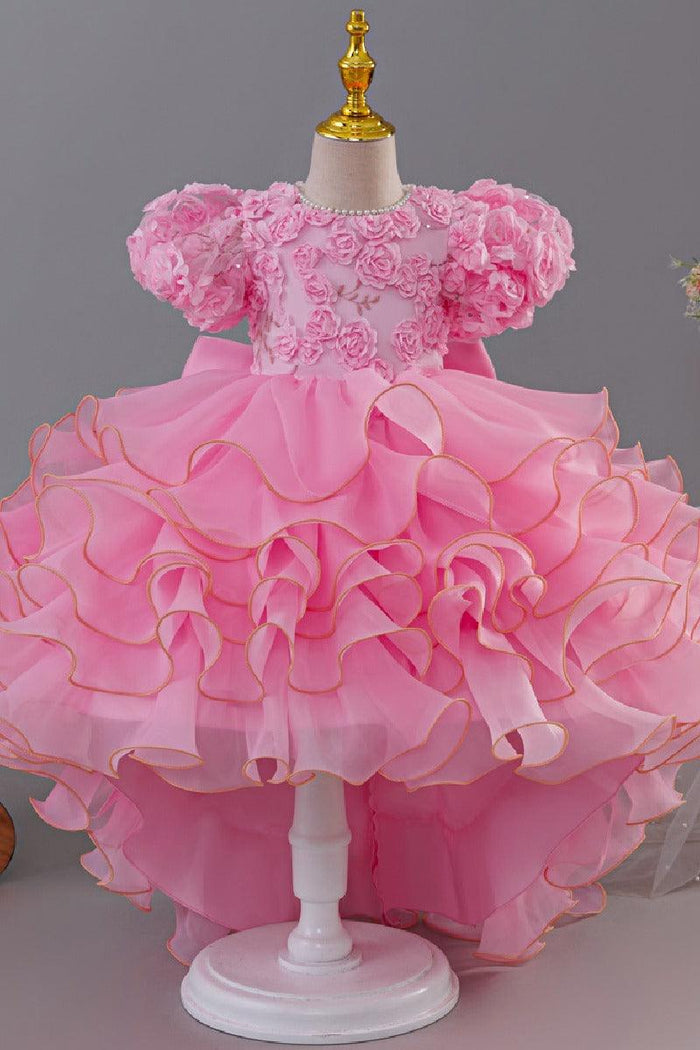 Princess Pearl Short Puff Bubble Sleeve Ruffled Tulle Flower Girl Dresses 1030620832344