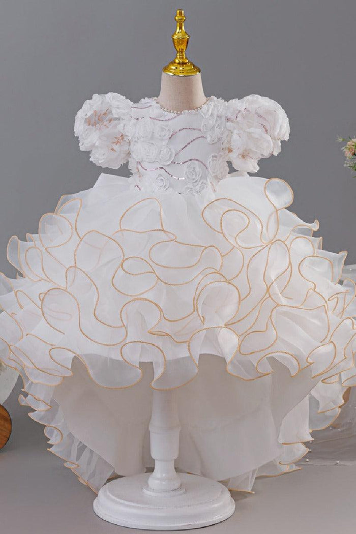 Princess Pearl Short Puff Bubble Sleeve Ruffled Tulle Flower Girl Dresses 1030620832344