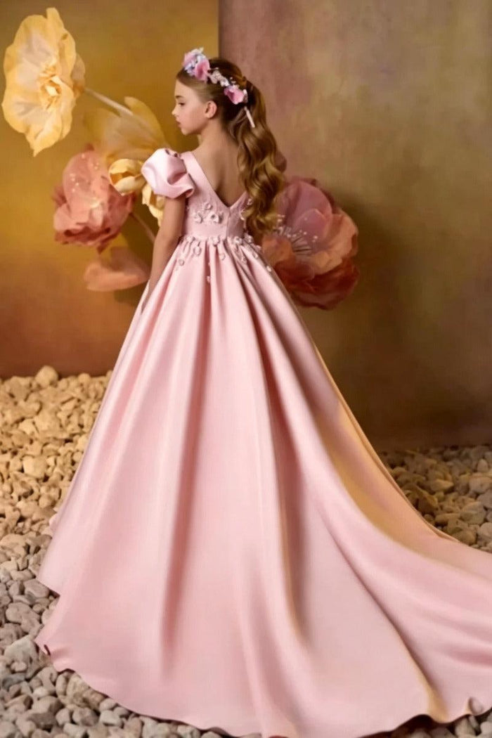 Princess Puff Short Sleeve Floral Rhinestone Satin Flower Girl Dresses 1028531621205