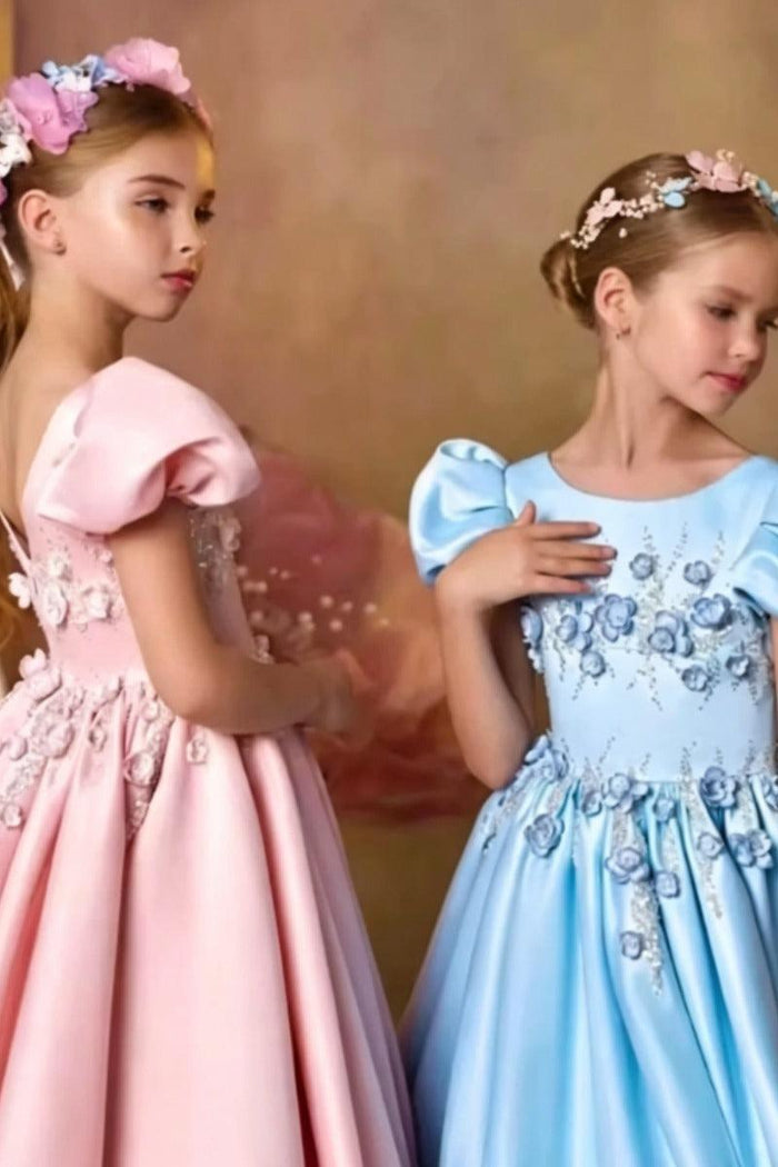 Princess Puff Short Sleeve Floral Rhinestone Satin Flower Girl Dresses 1028531621205
