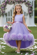 Princess Scoop Neck Sleeveless Hi-Low Tulle Pom Poms Flower Girl Dresses 1029780202104