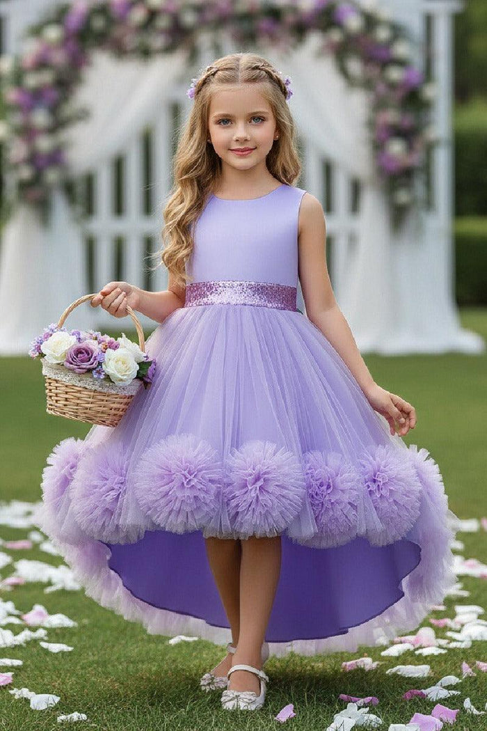 Princess Scoop Neck Sleeveless Hi-Low Tulle Pom Poms Flower Girl Dresses 1029780202104