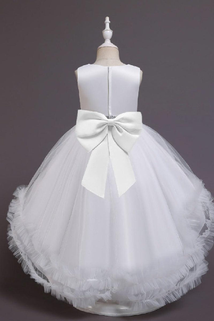 Princess Scoop Neck Sleeveless Hi-Low Tulle Pom Poms Flower Girl Dresses 1029780202104