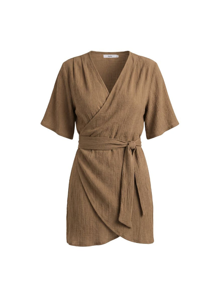 Dresses APLA Psi Crinkled Mini Wrap Dress Taupe Apoella