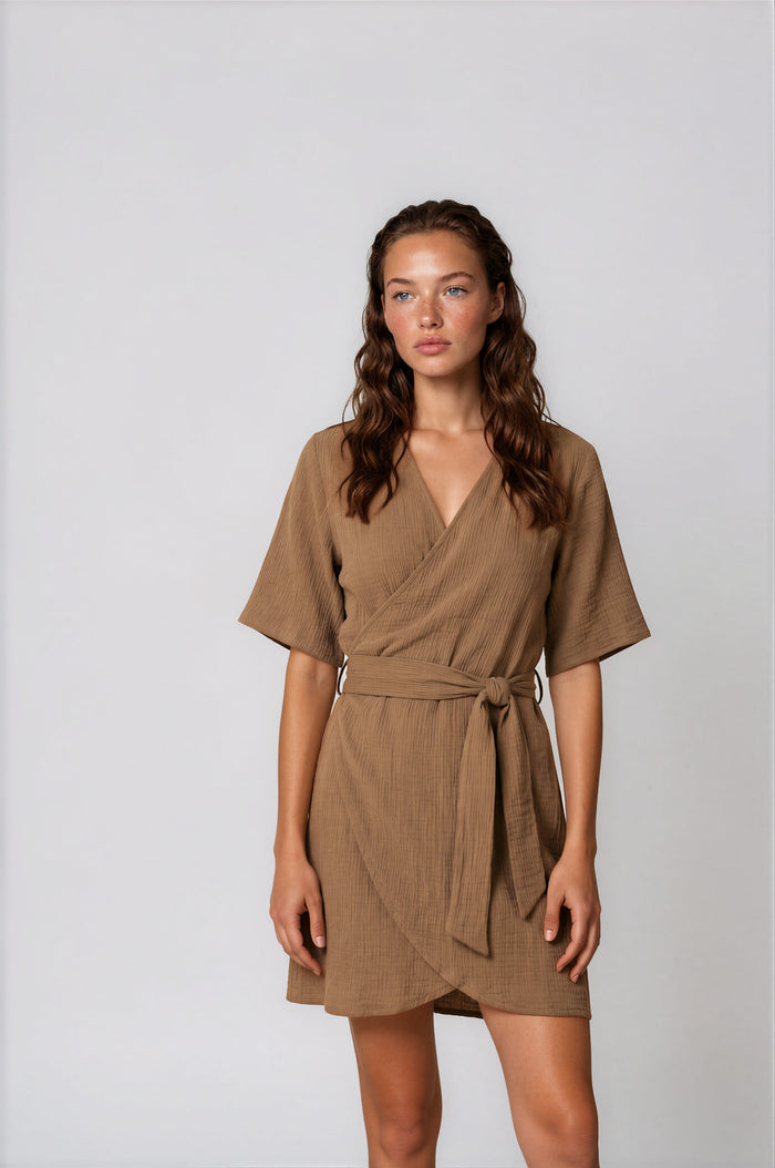 Dresses APLA Psi Crinkled Mini Wrap Dress Taupe Apoella