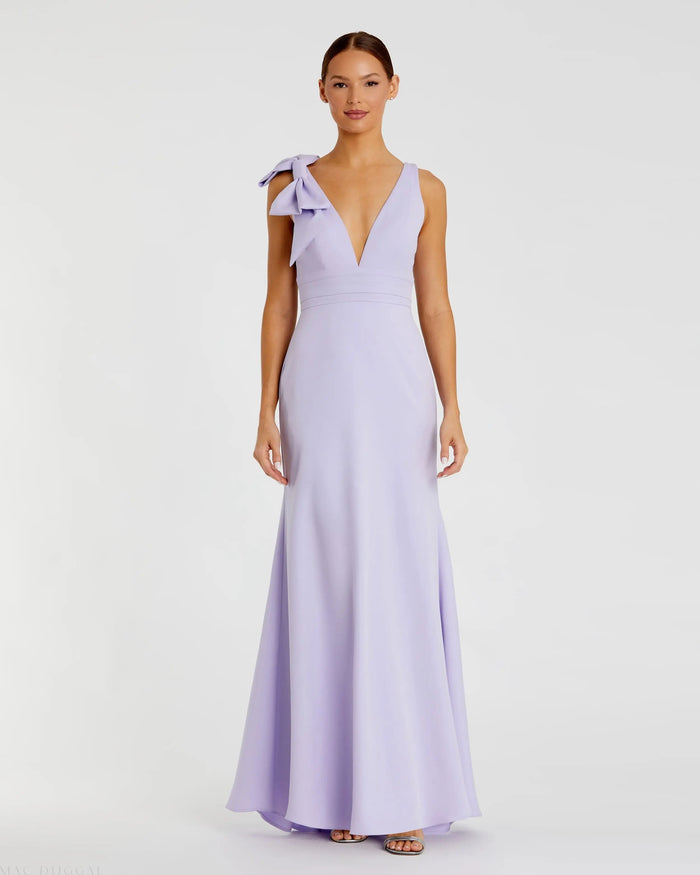 Purple Sleeveless V Neck Bow Detail Mermaid Gown Mac Duggal