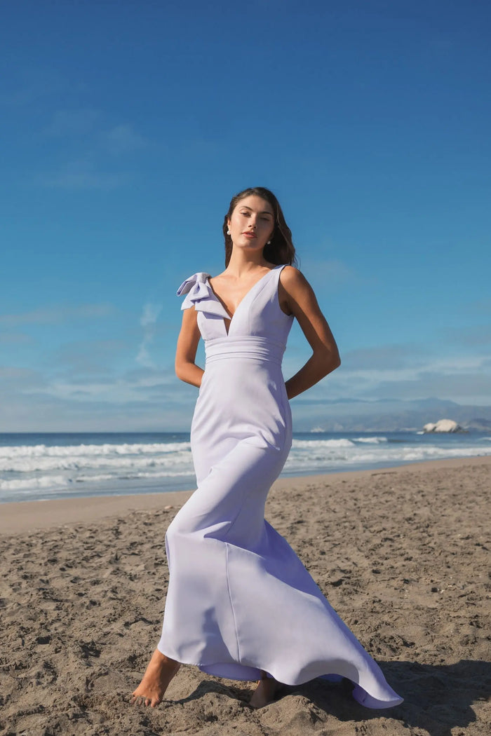 Purple Sleeveless V Neck Bow Detail Mermaid Gown - Mac Duggal