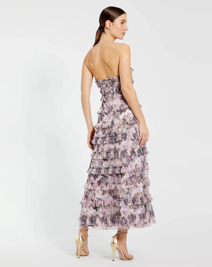 Purple Strapless Floral Micro Ruffle Dress Mac Duggal