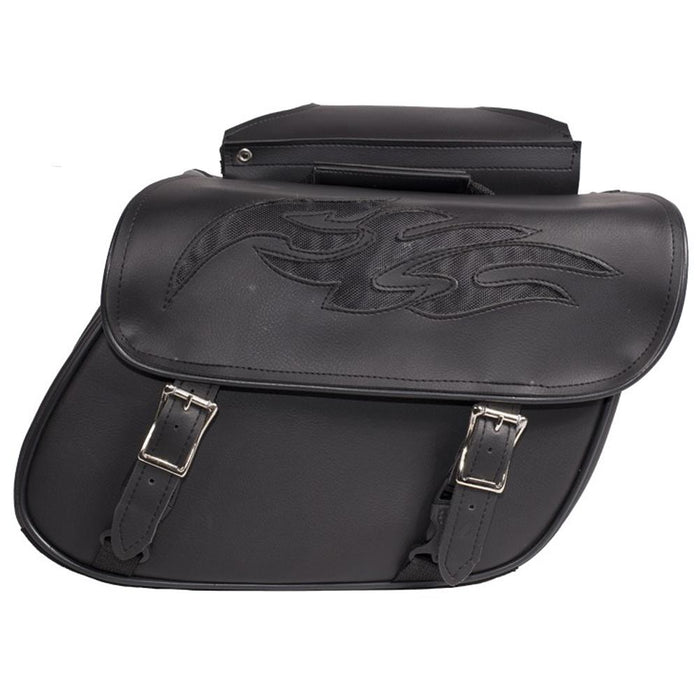 PVC Saddlebag With Flames: Features:

Dimensions: 14" x 6" x 10"
Zip off bag with heavy duty velcro cover
Universal fitting
I
