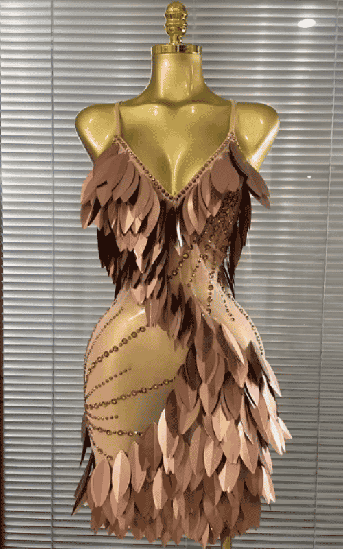 Quinn shining rhinestone V-neck 3D leaf mesh see-through bodycon mini dress for birthday and cocktail party styling