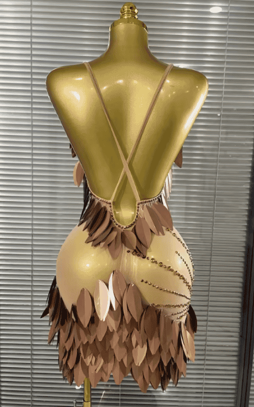 Quinn shining rhinestone V-neck 3D leaf mesh see-through bodycon mini dress for birthday and cocktail party styling