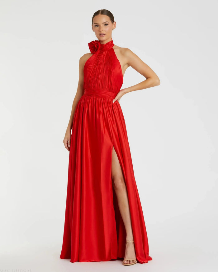 Red Soft Tie Halter Neck High Slit Gown - Mac Duggal