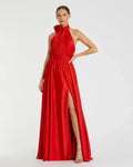 Red Soft Tie Halter Neck High Slit Gown - Mac Duggal
