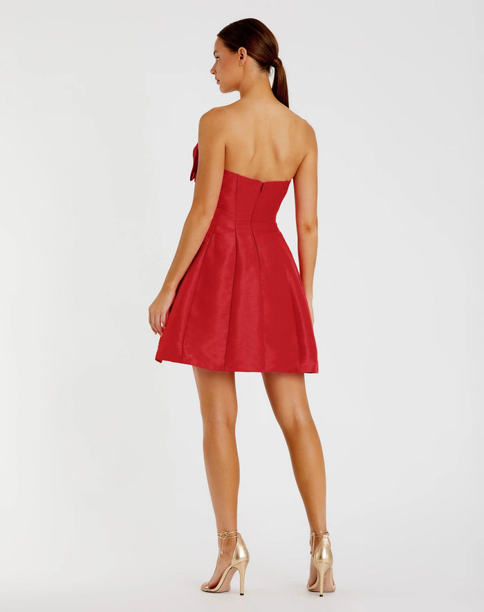Red Strapless Oversized Bow Fit & Flare Mini Dress Ieena for Mac Duggal