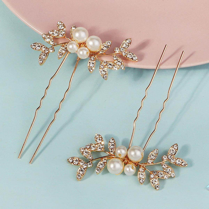Rhinestone pearl leaf hairpin Bride headdress U-pin hairpin 773672582229 - COCOMELODY