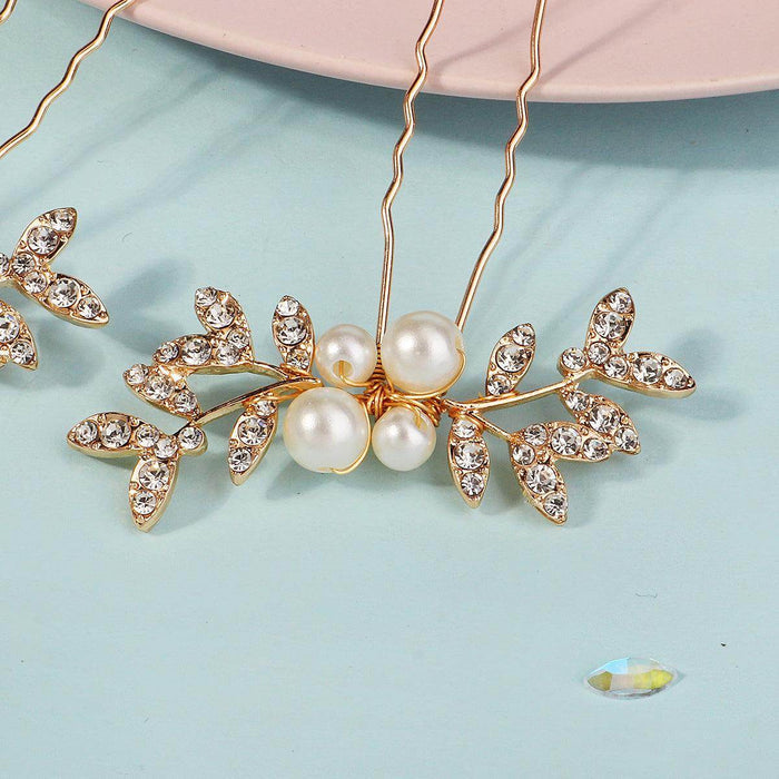 Rhinestone pearl leaf hairpin Bride headdress U-pin hairpin 773672582229 - COCOMELODY