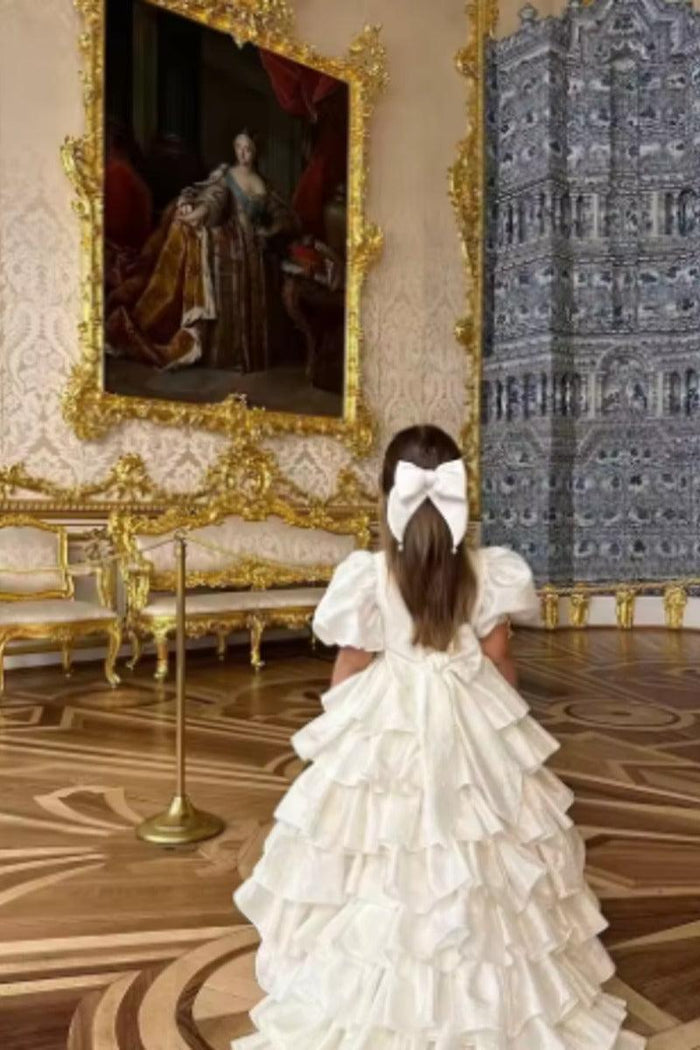 Romantic High-Low Train Tiered Ruffles Back Bow Flower Girl Dresses 950388949190