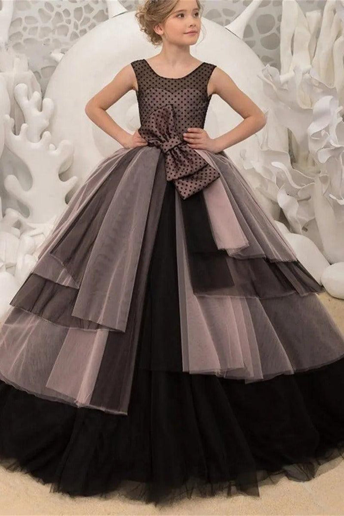 Round Neck Polka Dot Tulle Floor Length Flower Girl Dresses 697737724068