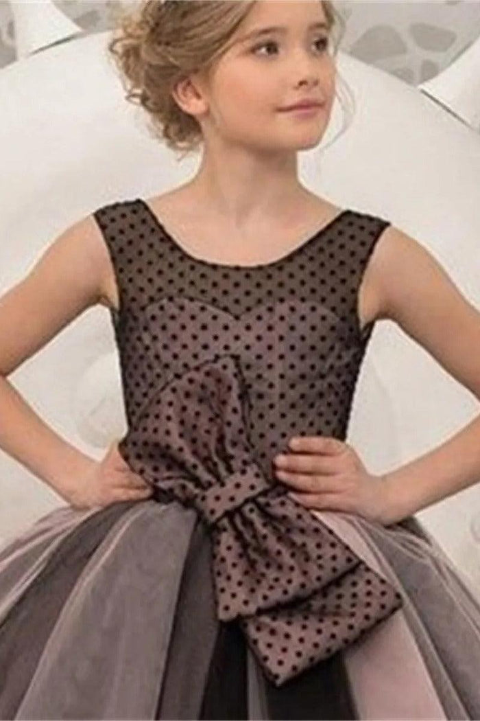 Round Neck Polka Dot Tulle Floor Length Flower Girl Dresses 697737724068