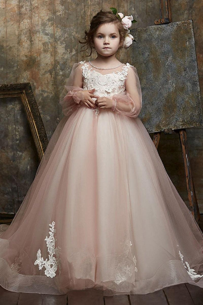 Round Neck Puff Long Sleeve Floral Lace Tulle Flower Girl Dresses 617837002510