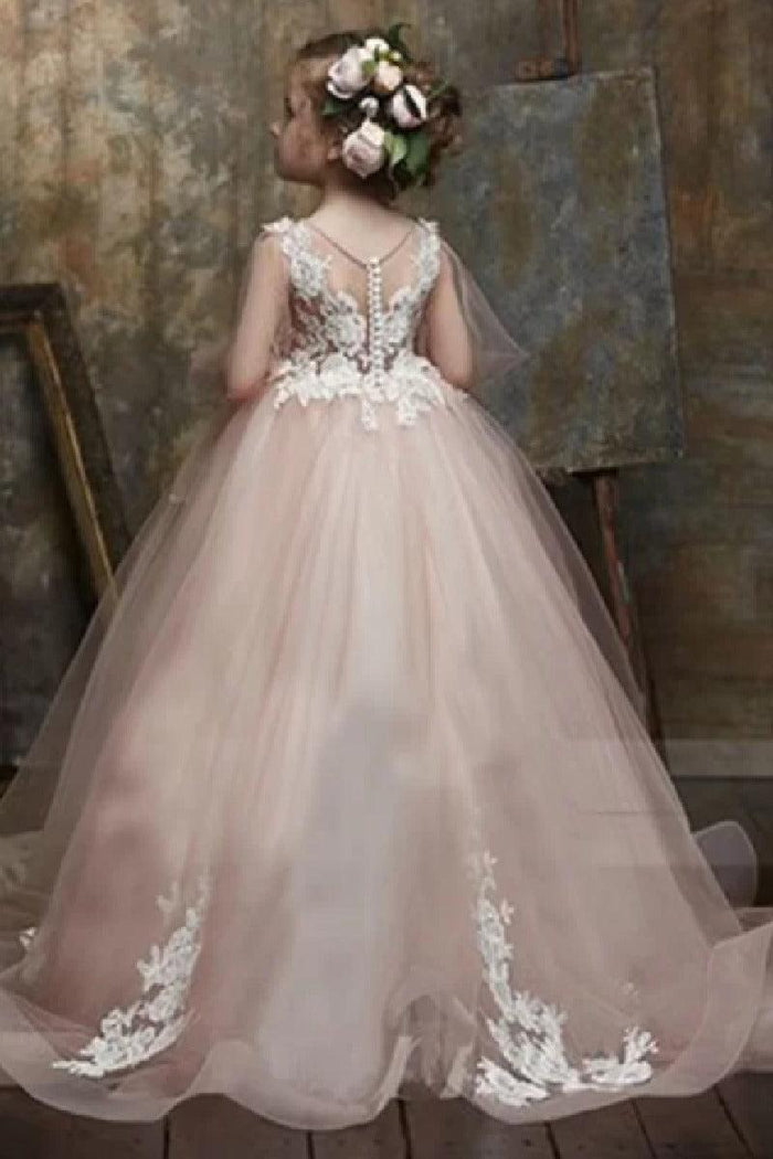 Round Neck Puff Long Sleeve Floral Lace Tulle Flower Girl Dresses 617837002510