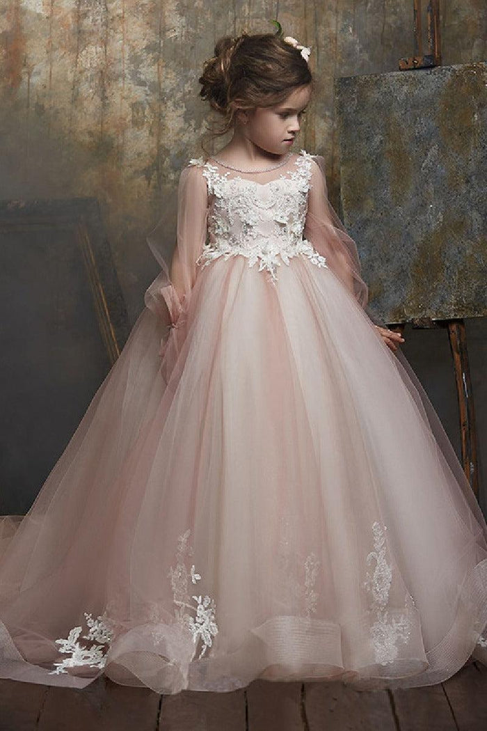 Round Neck Puff Long Sleeve Floral Lace Tulle Flower Girl Dresses 617837002510