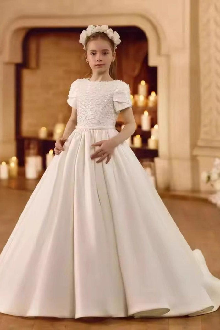Round Neck Puff Short Sleeve Beaded Bodice Satin Flower Girl Dresses 989473399353