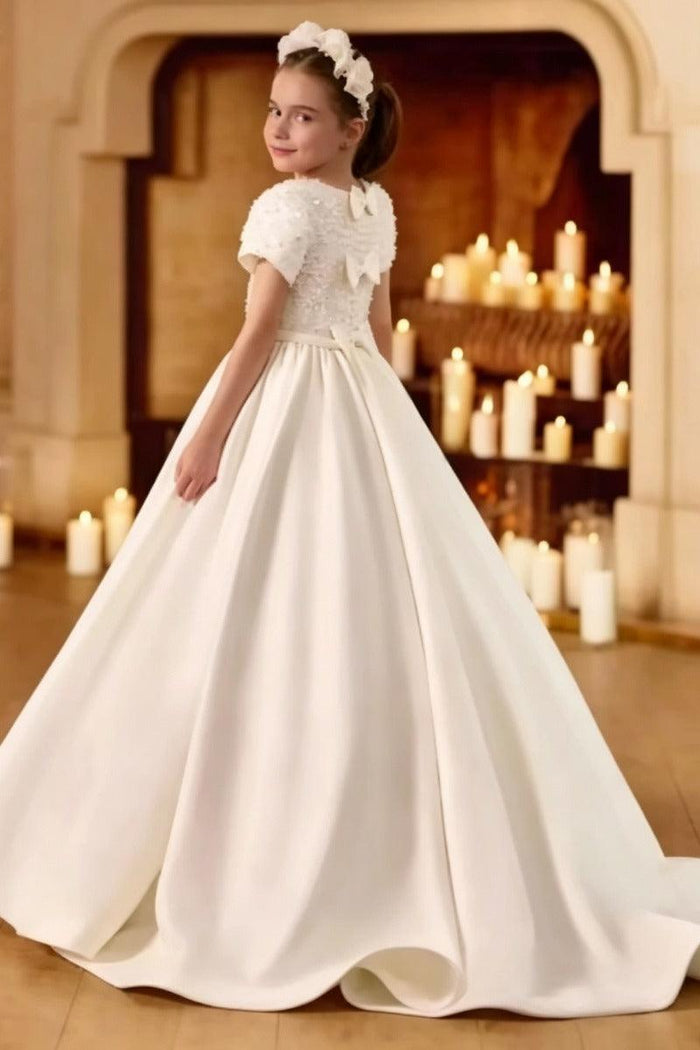 Round Neck Puff Short Sleeve Beaded Bodice Satin Flower Girl Dresses 989473399353