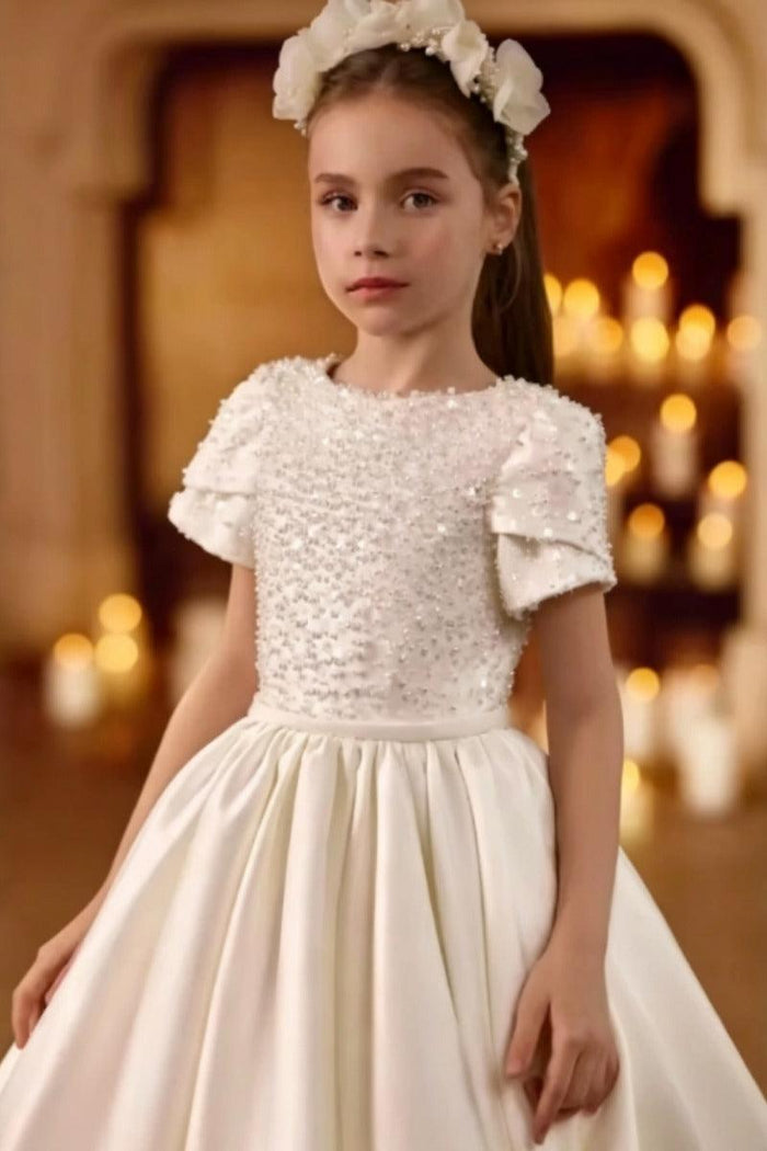 Round Neck Puff Short Sleeve Beaded Bodice Satin Flower Girl Dresses 989473399353