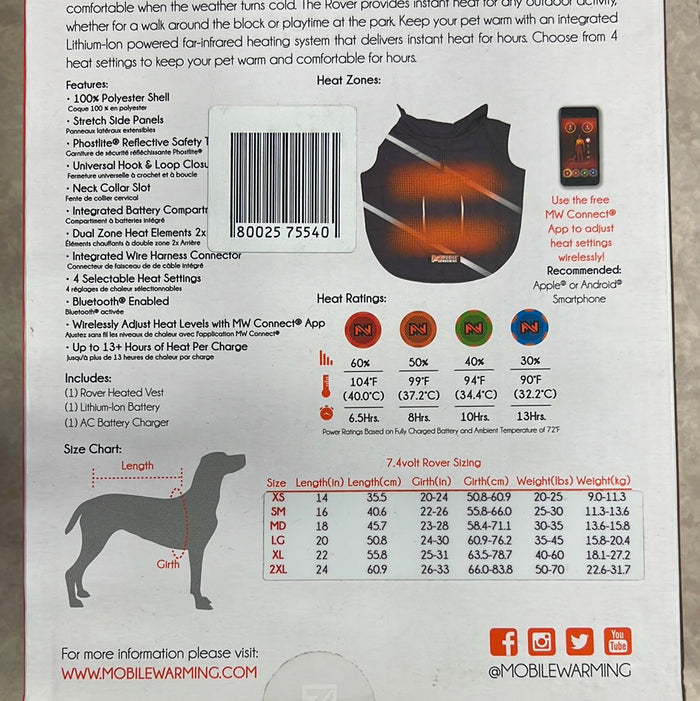 Rover Pet  Vest (7.4v) Red: Description
Rover Vest
The Mobile Warming Bluetooth®-enabled battery powered Rover Heated Dog ves