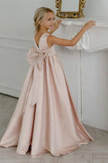 Satin Pearl Trim Deep V-Back Bow Floor Length Flower Girl Dresses 912220986900