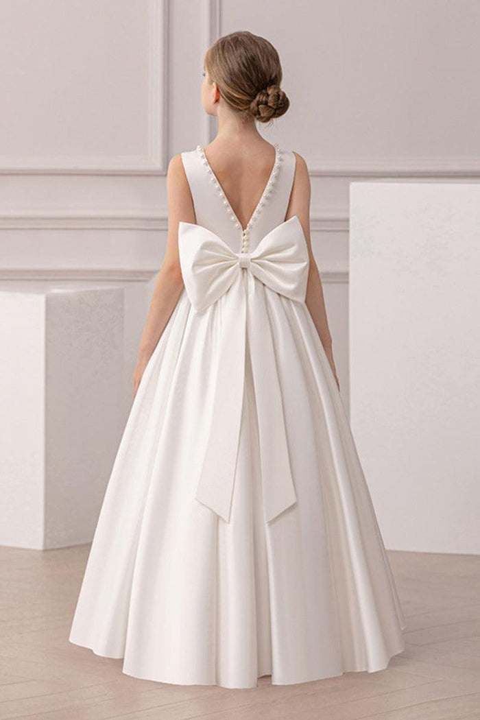 Satin Pearl Trim Deep V-Back Bow Floor Length Flower Girl Dresses 912220986900