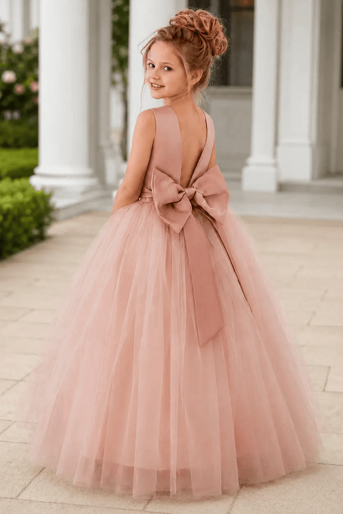Satin Sleeveless Round Neck V-Back Bow Floor Length Flower Girl Dresses 772100832769