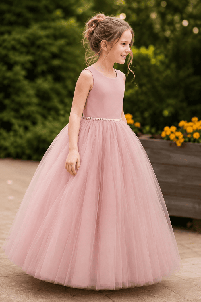 Satin Sleeveless Round Neck V-Back Bow Floor Length Flower Girl Dresses 772100832769