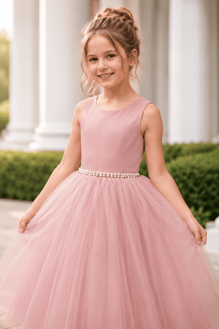 Satin Sleeveless Round Neck V-Back Bow Floor Length Flower Girl Dresses 772100832769
