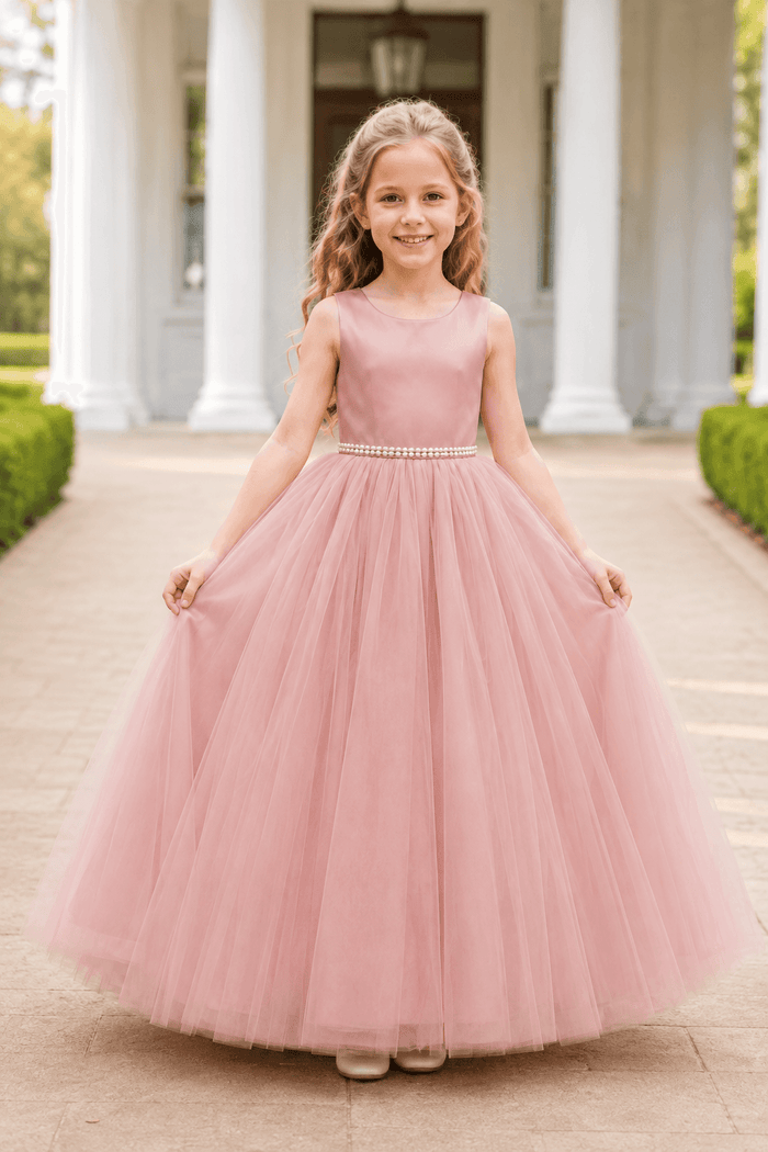 Satin Sleeveless Round Neck V-Back Bow Floor Length Flower Girl Dresses 772100832769